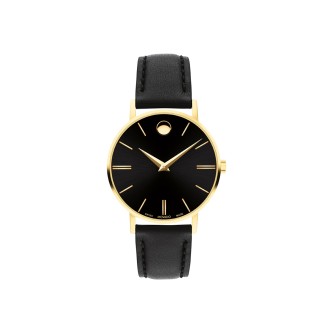 MOVADO LADIES CORPORATE EXCLUSIVE GOLD & BLACK LEATHER STRAP WATCH, BLACK DIAL