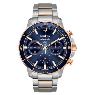 BULOVA MEN'S MARINE STAR CHRONOGRAPH SILVER-TONE WATCH, BLUE DIAL